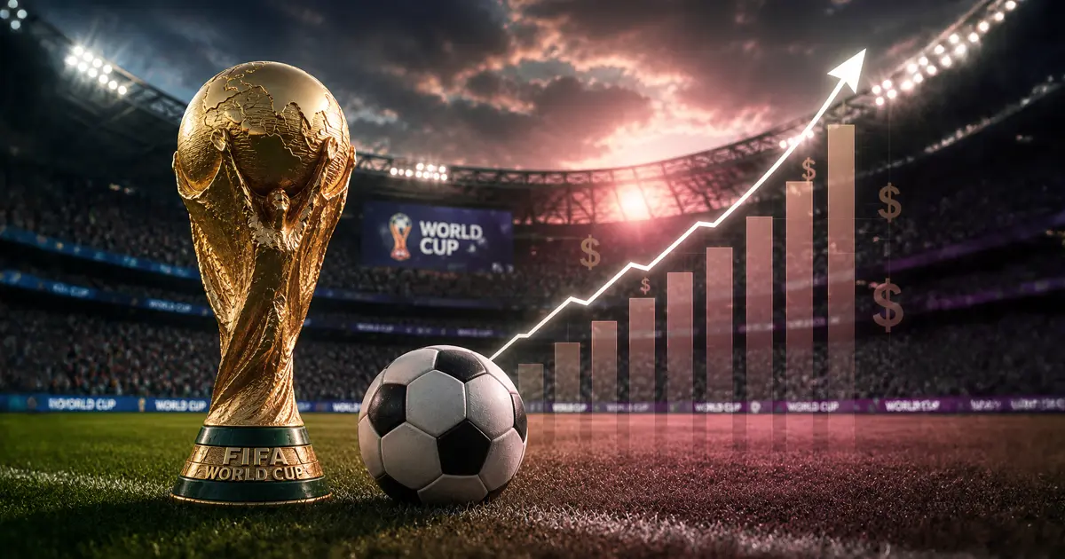 Imagen de la copa del Mundial de Fútbol en una cancha.