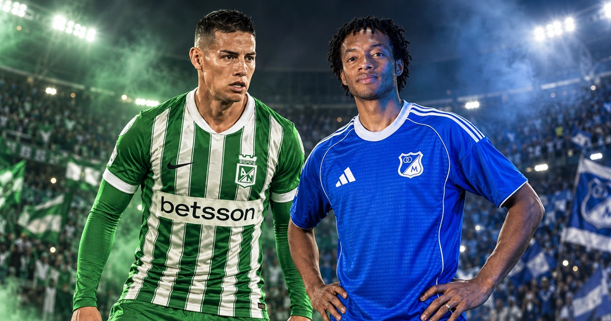 Imagen donde aparece James Rodríguez con la camisa del Nacional y juan Guillermo Cuadrado con la camisa de Millonarios sus nuevos equipos en la liga Colombiana