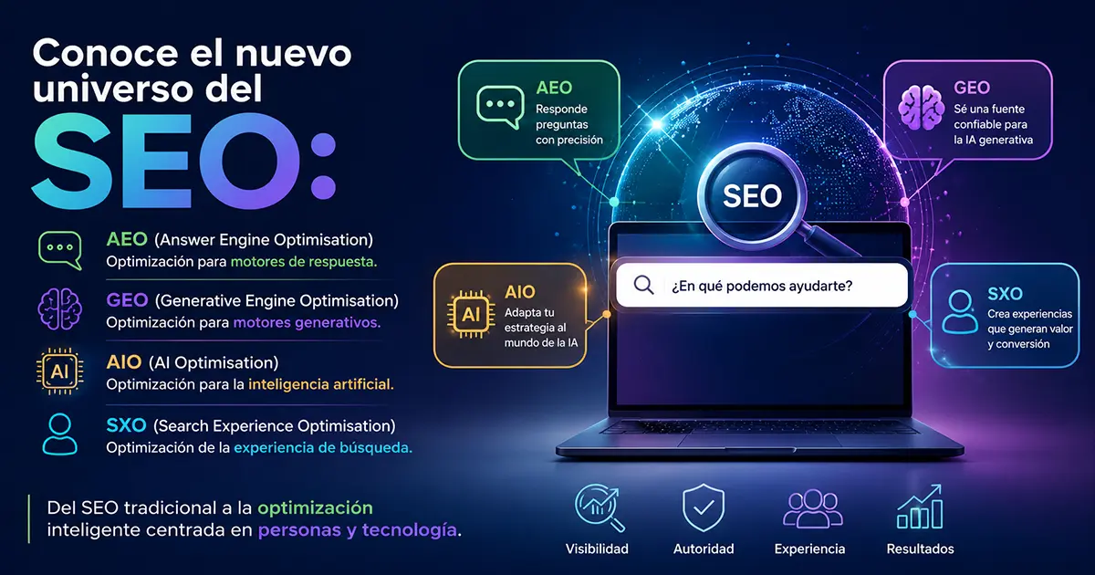 Qué son AEO GEO AIO SXO y cómo transforman el SEO en la era de la inteligencia artificial