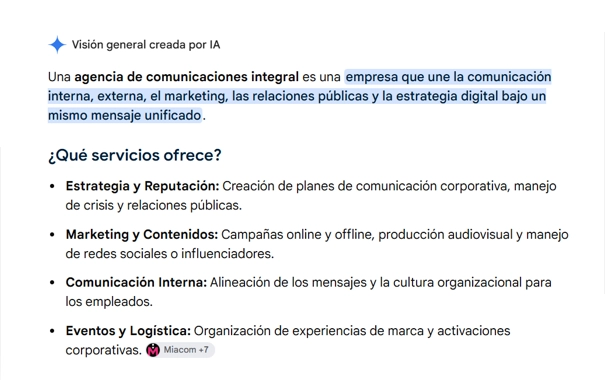 Tabla de la visión general creada por IA de una agencia de comunicaciones
